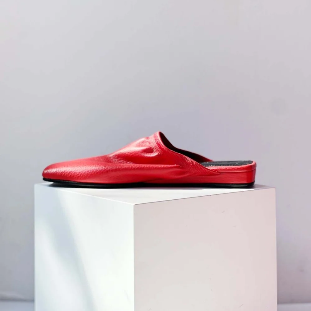 Dubie Red Leather Slip-On Mule Flats - Picture 1 of 13